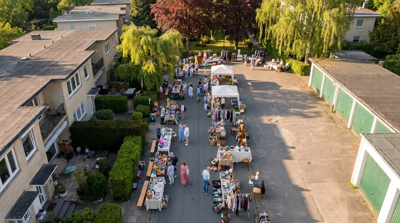 Drohnenaufnahme des Pikartenkamps mit aufgebauten Flohmarkt-Ständen: weiße Pavillons und lange Tische im Wendedreieck und entlang der Straße, Nachbarn und Besucher stöbern, blühende Bäume