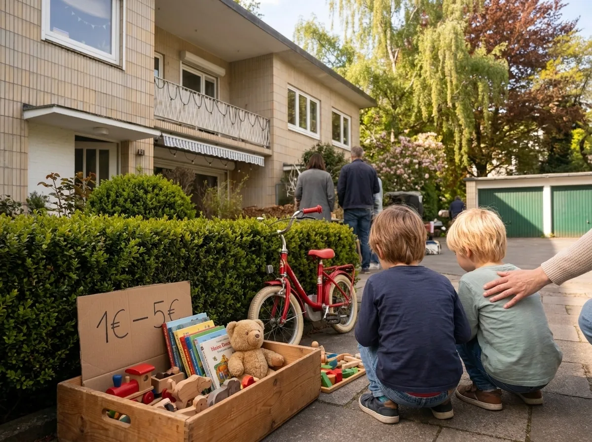 Zwei Kinder hocken von hinten zu sehen vor einer hölzernen Kiste voller Spielzeug: Teddybär, Holzeisenbahn, kleine Bücher. Ein rotes Kinderfahrrad lehnt daneben, ein Pappschild 'ein bis fünf Euro' liegt davor.