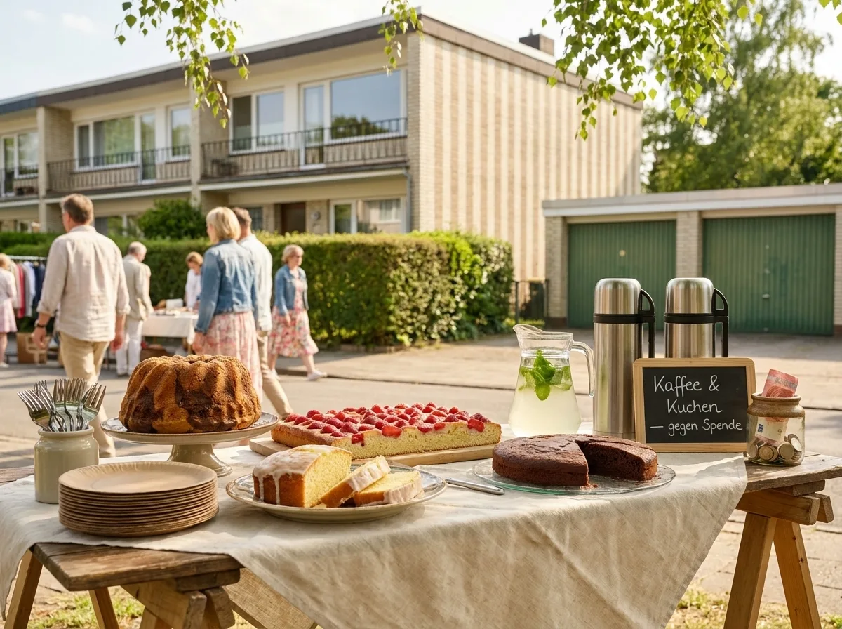 Kuchenbuffet auf einer langen Tafel mit Leinen-Tischdecke: Marmorgugelhupf, Erdbeer-Sheetkuchen, Zitronenkuchen, eine Limonadenkaraffe, eine Kreidetafel 'Kaffee und Kuchen gegen Spende'. Im weichgezeichneten Hintergrund flanieren Nachbarn in Frühlingskleidung.