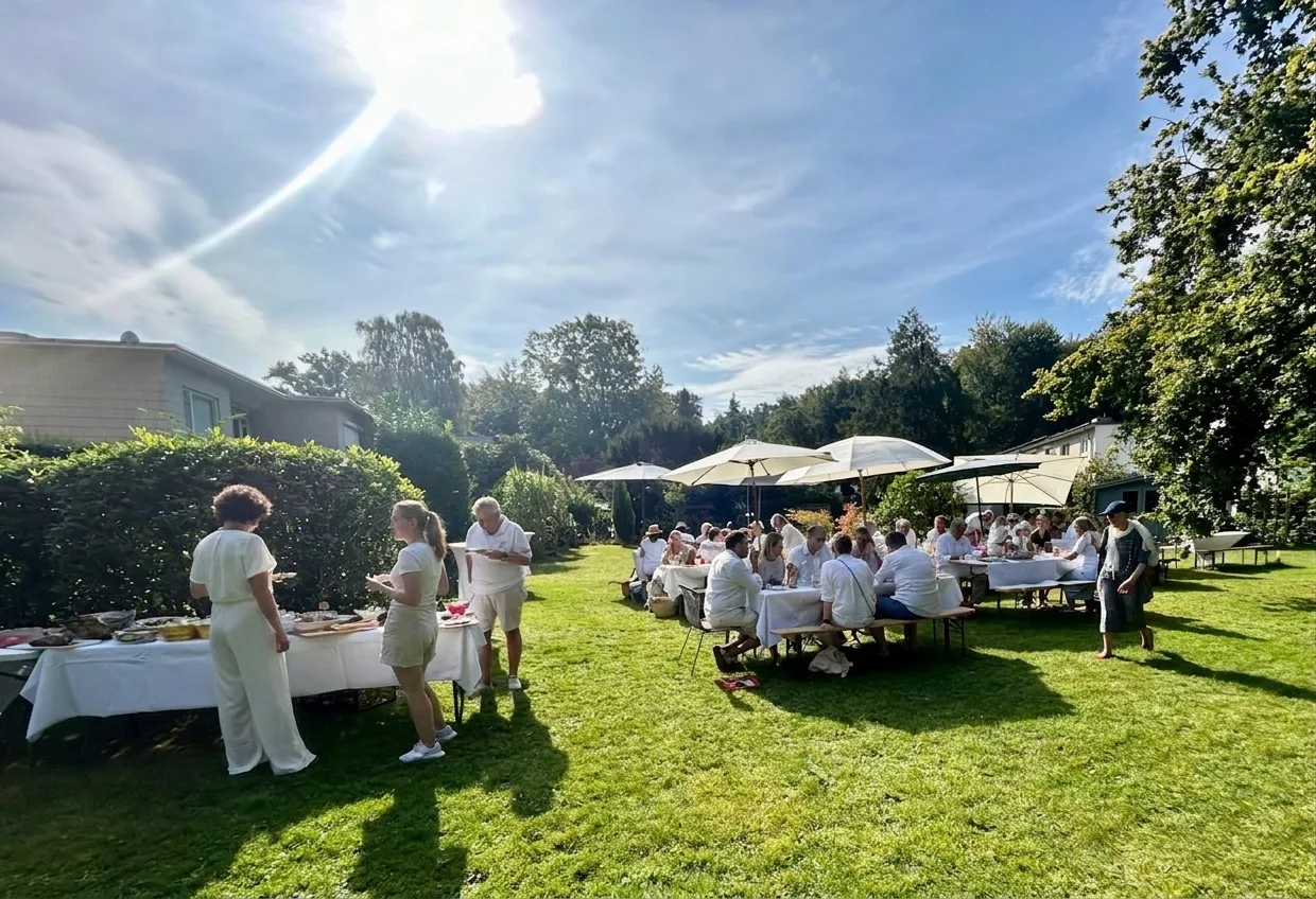 Nachbarinnen und Nachbarn des Pikartenkamps beim Sommerfest 2024, alle in Weiß gekleidet, an langen Tafeln auf der Wiese