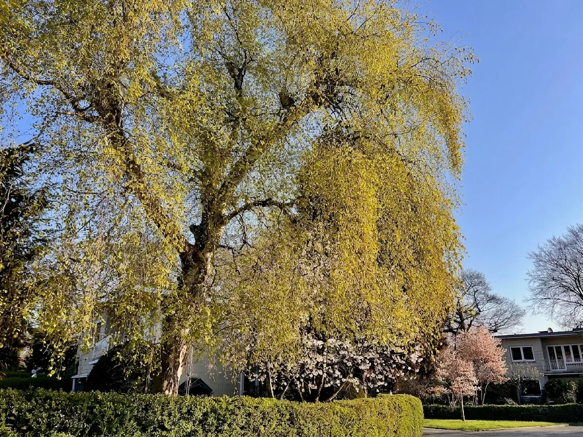 Blick in den Pikartenkamp im Frühling: eine große blühende Trauerweide überragt die Reihenhäuser, blühender Amelanchier im Hintergrund